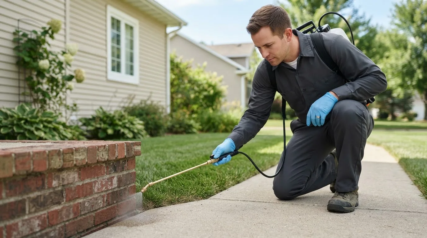 Pest control technician treating a home near Westerville, NE