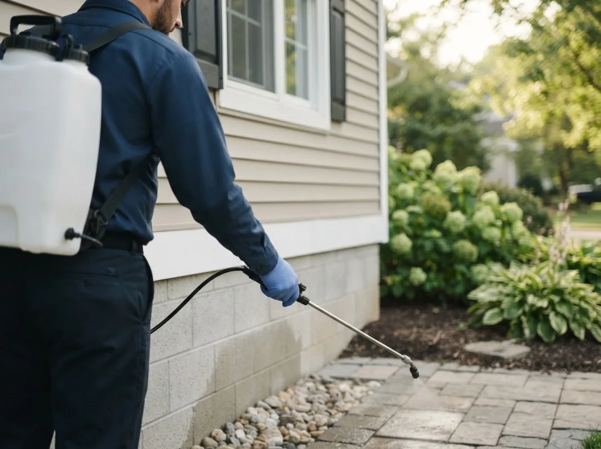 Pest control technician inspecting a home in Westerville, NE